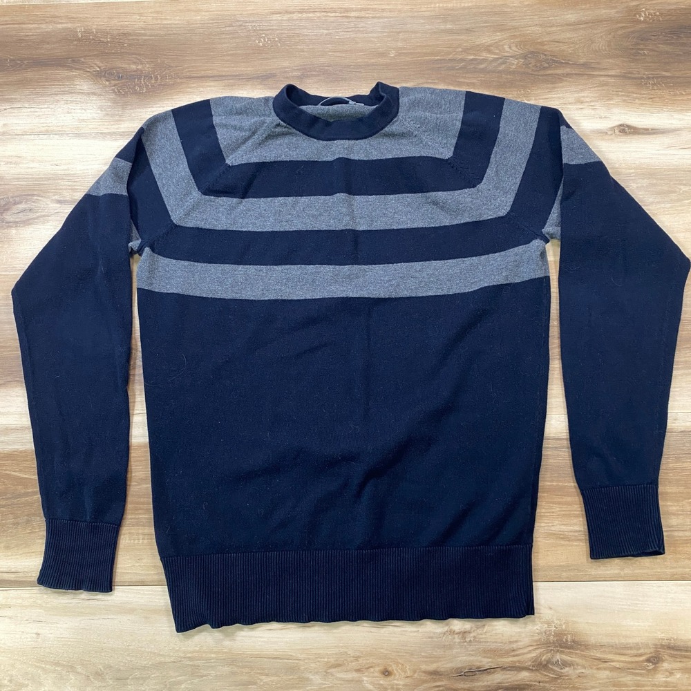 Vince Sweater Mens Medium Striped 100% Cotton Slim Navy Gray Minimalist Luxury